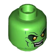 Minifig Head Green Goblin, Yellow Eyes with Dark Green Shadow, Evil Grin Showing Fanged Teeth Print / Bright Green