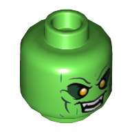 Lego Minifig Head Green Goblin, Yellow Eyes with Dark Green Shadow, Evil Grin Showing Fanged Teeth Print / Bright Green