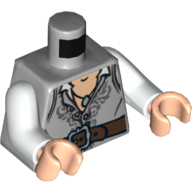 Lego Torso Open Vest with Dark Bluish Gray Embroidery and Dark Brown Belt Print, White Arms, Light Nougat Hands / Light Bluish Gray