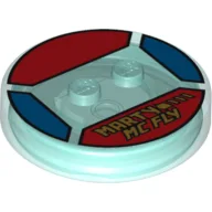 Function Brick Round 4 x 4 x 2/3 with 2 Studs and Yellow 'MARTY MC FLY' Print / Trans-Light Blue