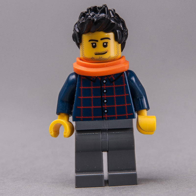 Lego Man, Dark Blue Plaid Shirt, Dark Bluish Gray Legs, Black Hair, Orange Scarf, Stubble