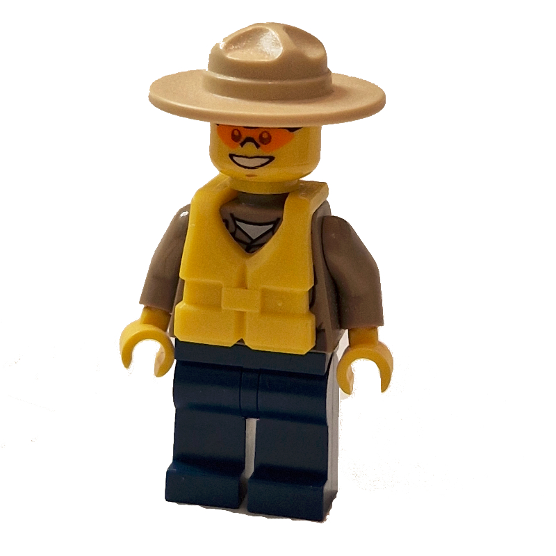 Lego Forest Police / Ranger, Dark Tan Shirt with Radio and Badge, Dark Blue Legs, Tan Campaign Hat, Yellow Life Vest, Orange Sunglasses