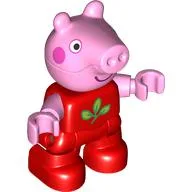 Duplo Figure Child, Pig with Dark Pink Cheeks, Big Smile, Leave Print / Red