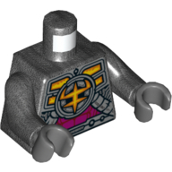 Lego Torso Armor, Yellow and Orange Symbol, Magenta Plates Print, Pearl Titanium Arms, Dark Bluish Gray Hands / Pearl Titanium