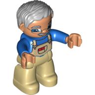 Lego Duplo Figure with Parted Wavy Hair Gray, with Tan Legs, Blue Top with White Overall Bib / Blue
