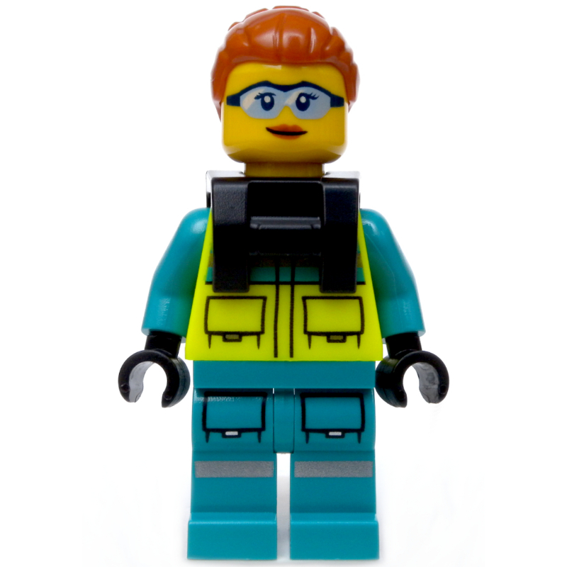 Lego Paramedic, Vibrant Yellow Safety Vest, Dark Turquoise Legs, Dark Orange Hair, Safety Glasses