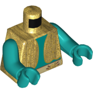 Lego Torso Vest with Bare Chest, Patches on Pants Top Print, Dark Turquoise Arms and Hands / Pearl Gold