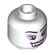 Lego Minifig Head, Vampire, Fangs, Black Eyebrows, Lavender Eyeshadow, Black Eyes / Bright Pink Eyeshadow, Red Eyes, Open Mouth / White