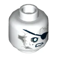 Minifig Head Lieutenant Lesaro, Gray Cracks and Spots, Black Eyepatch, White Eyes, Crooked Scowl Print [Hollow Stud] / White