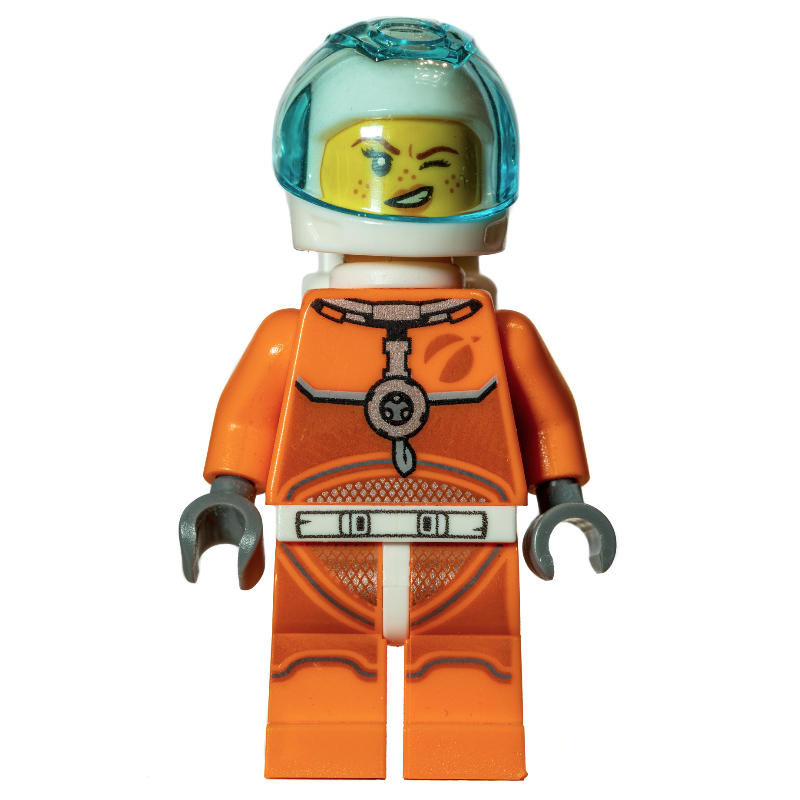 Lego Astronaut, Woman, Orange Torso and Legs, White Helmet, Trans-Light Blue Visor
