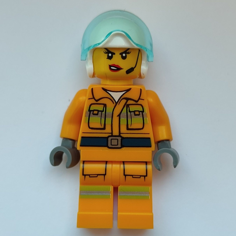 Lego Firewoman, Bright Light Orange Firesuit, White Helmet with Visor