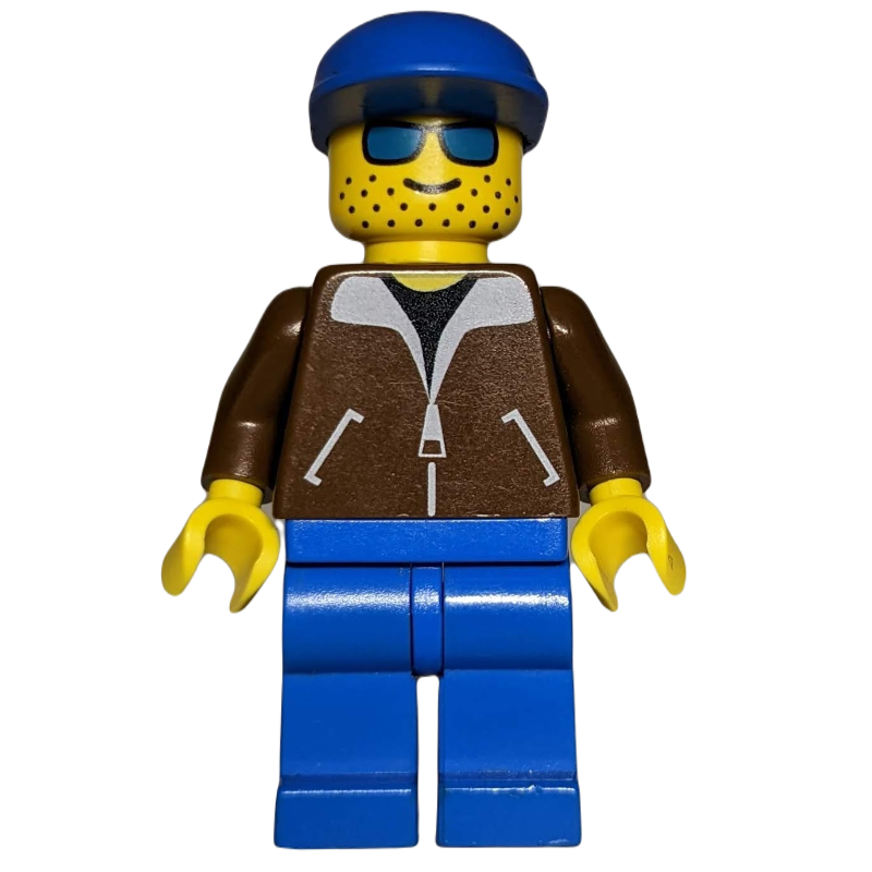 Lego Man, Brown Jacket, Blue Legs, Blue Cap, Blue Sunglasses
