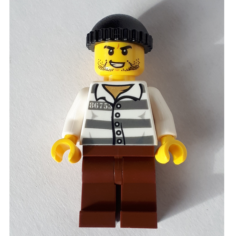 Lego Criminal, Prison Shirt with #86753, Reddish Brown Legs, Black Hat