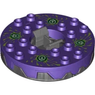 Turntable 6 x 6 Round Pearl Titanium Base Serrated with Yellow, White and Dark Green Print (Ninjago Spinner) / Dark Purple