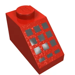 Brick Sloped 45° 2 x 1 with Bottom pin, with 9 Large + 3 Small Black Buttons Print / Red