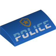 Lego Brick Curved 2 x 4 x 2/3 No Studs, with Bottom Tubes and Gold Police Badge, 'POLICE' print / Blue