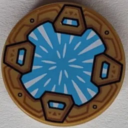 Tile Round 2 x 2 with Medium Azure Circle, White Stripes (Energy Portal) Print / Pearl Gold