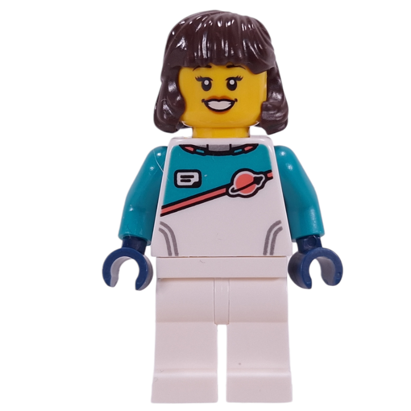Lego Astronaut, White/Dark Turquoise Spacesuit, Dark Brown Hair