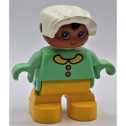 Lego Duplo Figure, Early Child, with Bonnet White, Yellow Legs, Buttons and Collar Print / Light Green