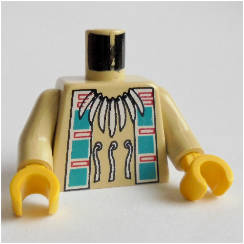 Lego Torso Buckskin Tunic with American Indian Decorations, Necklace and Dark Turquoise Squares Print, Tan Arms, Yellow Hands / Tan