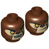 Minifig Head Lavertus / Shadowind, Lion with Orange Eyes, Tan Face and Brown Nose, Closed Mouth / Open Mouth Print / Reddish Brown