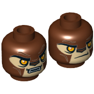 Lego Minifig Head Lavertus / Shadowind, Lion with Orange Eyes, Tan Face and Brown Nose, Closed Mouth / Open Mouth Print / Reddish Brown