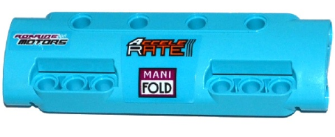 Lego Technic, Panel Curved 11 x 3 with 10 Pin Holes through Panel Surface with 'ROARING MOTORS', 'ACCELE RATE' and 'MANI FOLD' Pattern Left (Stickers) - Set 42050