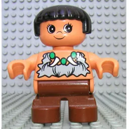 Duplo Figure, Early Child, Straight Hair Black, Brown Legs, Rag Shirt, Bead and Tooth Necklace Print (Caveman) / Nougat