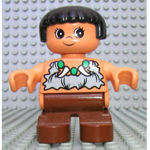 Lego Duplo Figure, Early Child, Straight Hair Black, Brown Legs, Rag Shirt, Bead and Tooth Necklace Print (Caveman) / Nougat