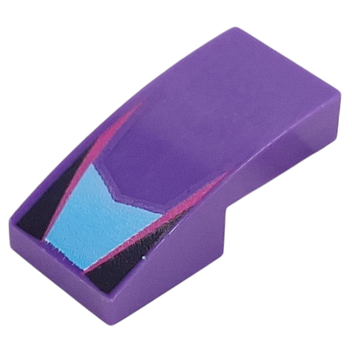 Lego Brick Curved 2 x 1 No Studs with Medium Azure Shape, Magenta Lines, Black Triangles print / Dark Purple