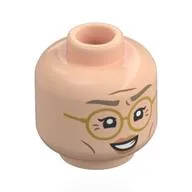 Minifig Head Dr. Kureha, Dark Tan Eyebrows, Peach Lips, Wrinkles, Open Mouth, Gold Glasses / Frown / Light Nougat