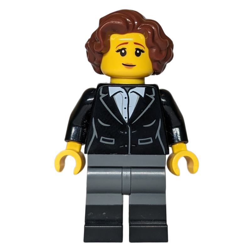 Lego Woman, Black Torso, Dark Bluish Grey Legs, Reddish Brown Hair