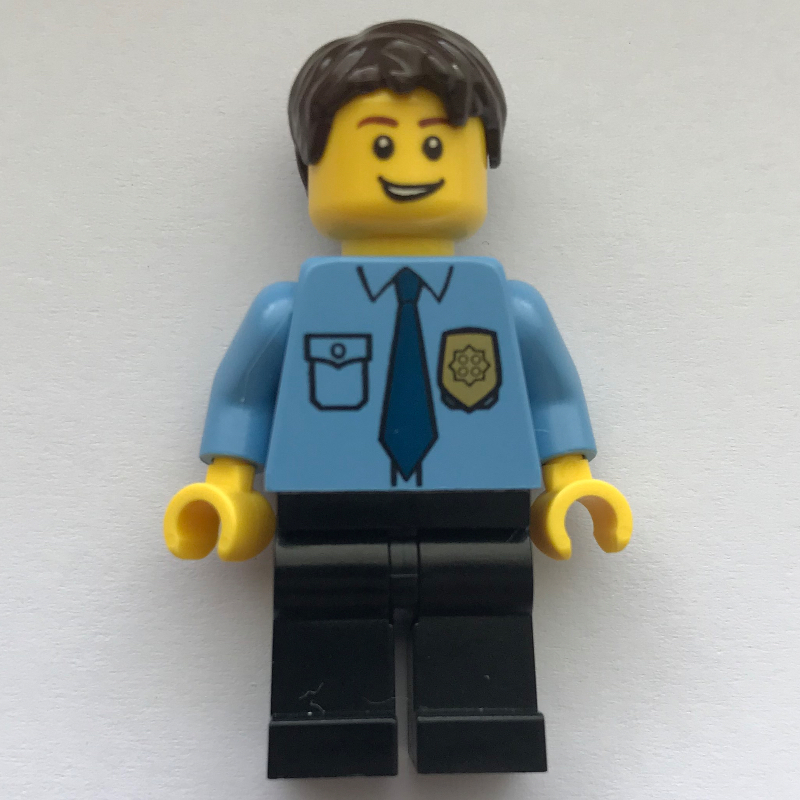 Lego Policeman, Medium Blue Shirt with Badge and Tie, Black Legs, Dark Brown Hair