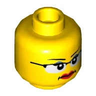 Minifig Head Executive Ellen / Scientist, Dual Sided, Female, Glasses with Black Frames, Red Lips, Determined / Scared Print [Hollow Stud] / Yellow