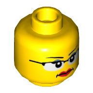 Lego Minifig Head Executive Ellen / Scientist, Dual Sided, Female, Glasses with Black Frames, Red Lips, Determined / Scared Print [Hollow Stud] / Yellow