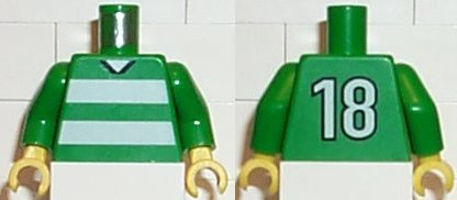 Lego Torso Soccer Uniform Shirt with White Horizontal Stripes, Neck, and Number 18 on Back Pattern / Green Arms / Yellow Hands