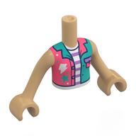 Lego Minidoll Torso Girl with Warm Tan Arms and Hands with Coral/Dark Turquoise Jacket, Paint Splotches, White/Lavender Striped Shirt print / Warm Tan