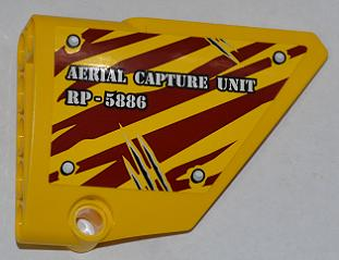Lego Technic, Panel Fairing #14 Large Short Smooth, Side B with  'AERIAL CAPTURE UNIT RP-5886' on Dark Red Tiger Stripes Pattern (Sticker) - Set 5886