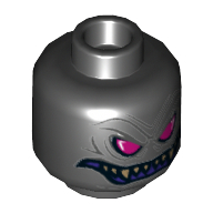 Lego Minifig Head Overlord, Magenta Eyes, Purple Grin with Sharp Teeth, Gold Vertebra on Back Print / Black