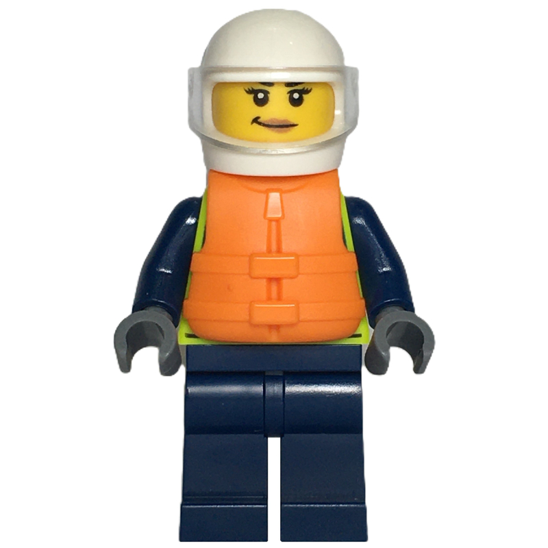 Lego Police Officer, Vibrant Yellow Safety Vest, Dark BLue Legs, Orange Life Vest, White Helmet