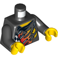 Lego Torso Shirt with Black and White Checks, Flames / Flames, Red Skull, White Stripes on Back Print, Black Arms, Yellow Hands / Black