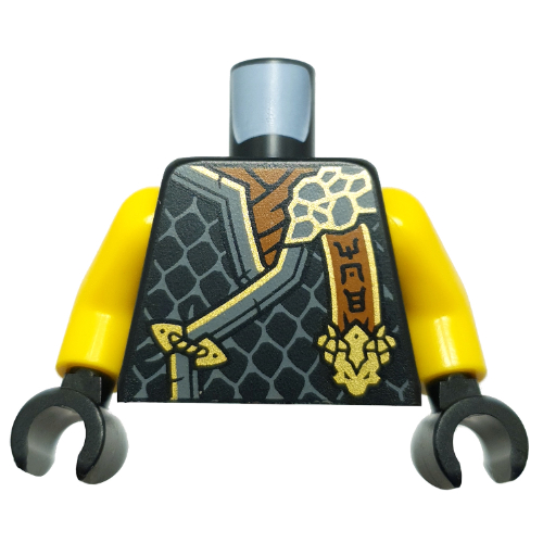 Lego Torso, Ninja Robes, Dark Bluish Grey Trim, Scales, Dark Orange Banner with Asian Symbols, Gold Dragon Head print, Yellow Arms, Black Hands / Black