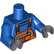 Lego Torso Overalls, Orange with Pen in Pocket and Safety Stripe over Sweater Print, Blue Arms, Dark Bluish Gray Hands / Blue