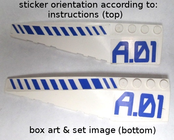 Lego Wedge 12 x 3 Left with Blue Hash Lines and 'A.01' Pattern (Stickers) - Set 7700