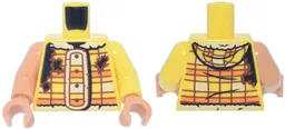 Torso Jacket with Hood, Oblong Button Panel, Orange Stripes, Bright Light Yellow Fur Collar, Black and Reddish Brown Rip and Tears Pattern / Yellow Arm Left / Nougat Arm Right / Nougat Hands / Yellow