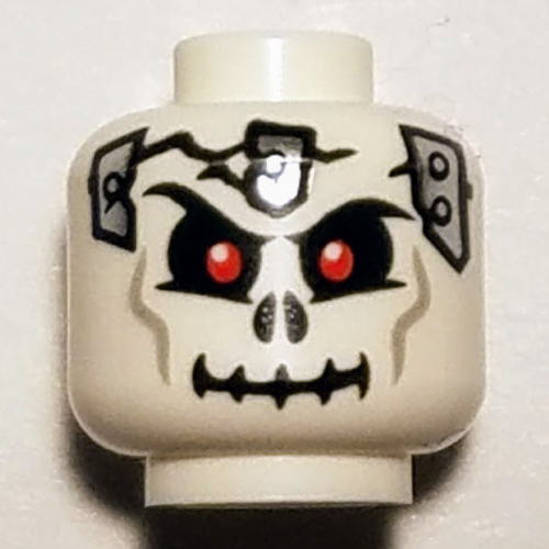 Lego Minifig Head Frakjaw, Skull Cracked with Metal Plates on Front and Back Print [Hollow Stud] / White