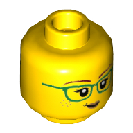 Lego Minifig Head Freya McCloud, Green Glasses, Lopsided Grin / Brown Smudge/Mud on Face Print / Yellow