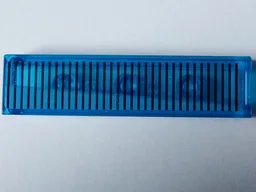 Tile 1 x 4 with Black Horizontal Lines and Narrow Medium Blue Wedge Pattern Model Right Side (Sticker) - Set 40519 / Trans-Dark Blue