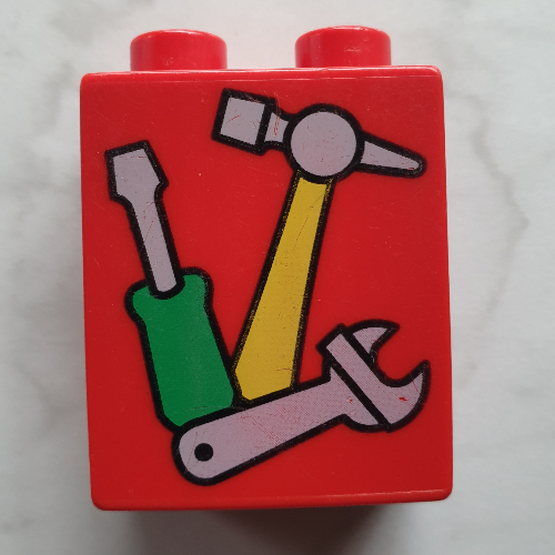 Lego Duplo Brick 1 x 2 x 2 with Screwdriver, Hammer and Wrench Tools Print / Red
