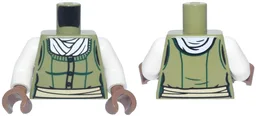 Torso Female Bodice with Dark Green Trim, Buttons and Contours, White Blouse, Tan Sash Pattern / White Arms / Medium Brown Hands / Olive Green